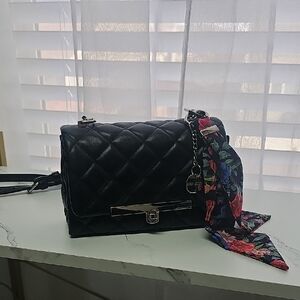 Steve Madden Black Quilted Crossbody Bag with Floral Scarf